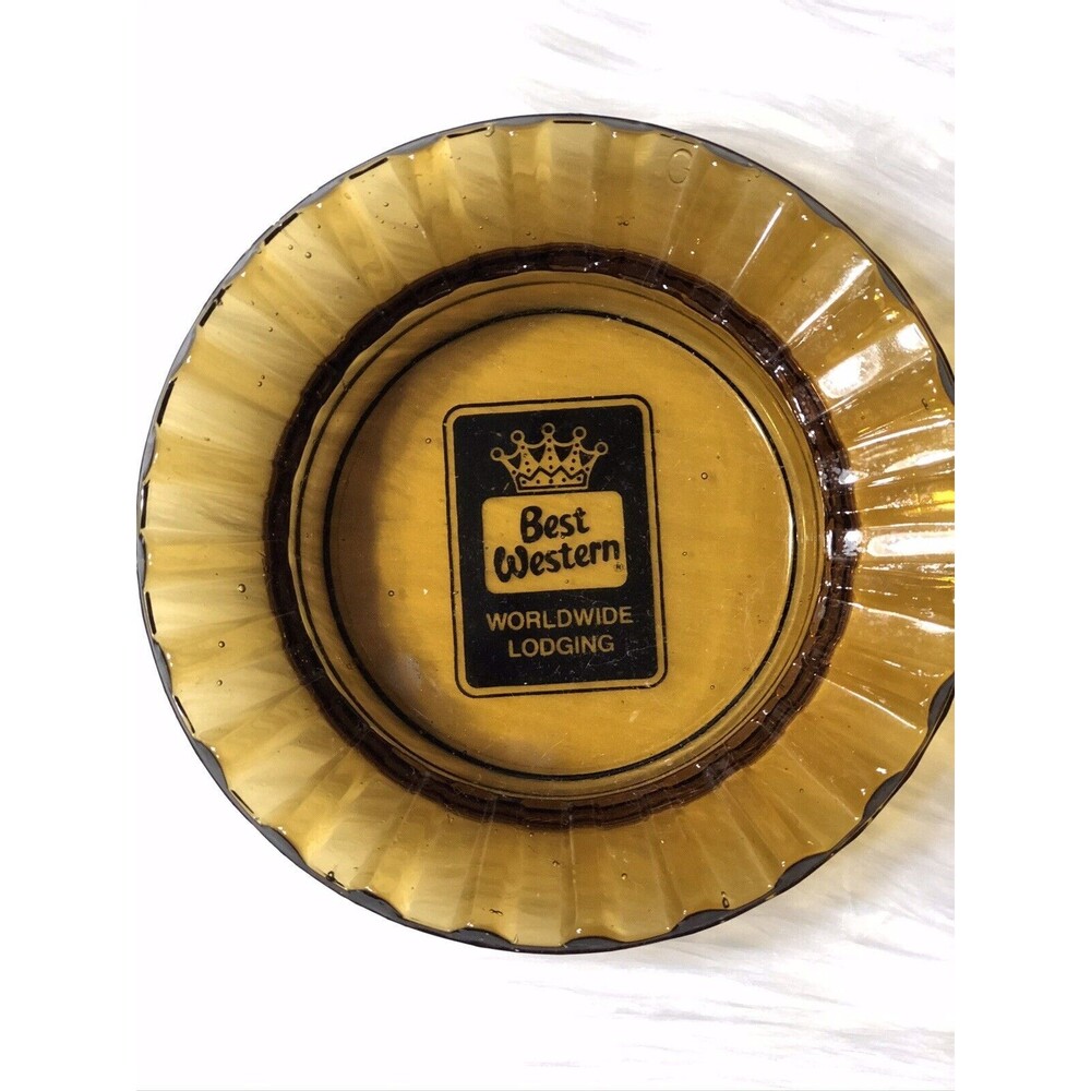 VINTAGE BEST WESTERN WORLDWIDE HOTEL MOTEL ASHTRAY AMBER ADVERTISING ROUND GLASS
